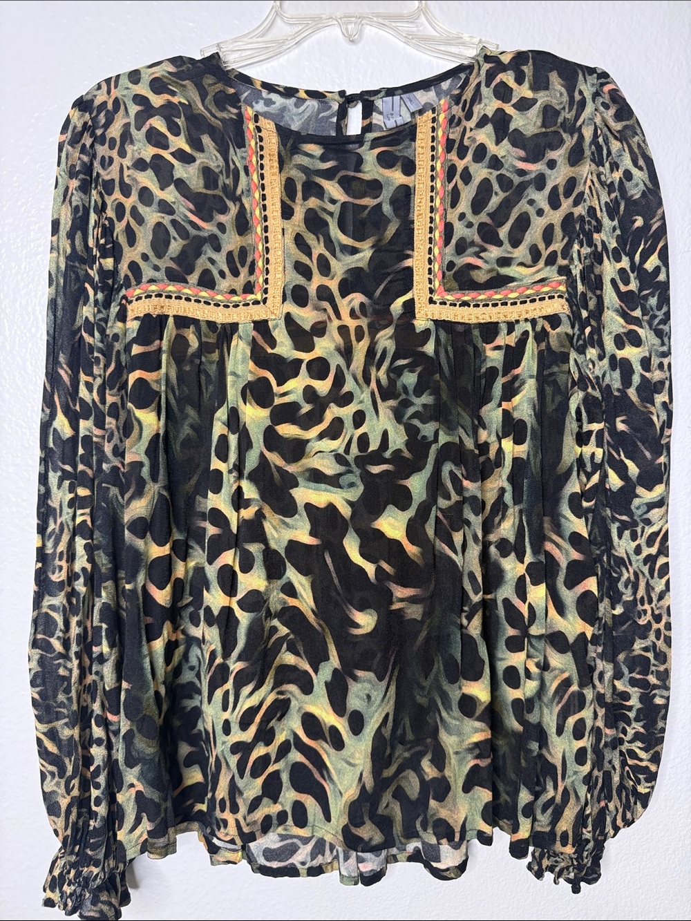 Blank London Miranda Leopard Print Olive Green Long Sleeve Smocked Cuff Blouse